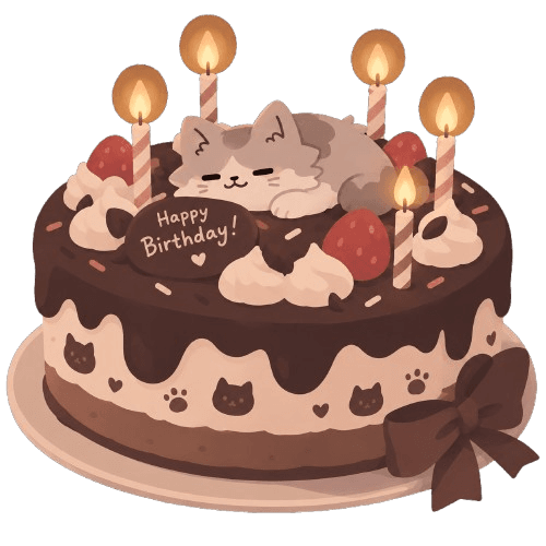 A chocolate birthday cake with a sleeping cat and candles