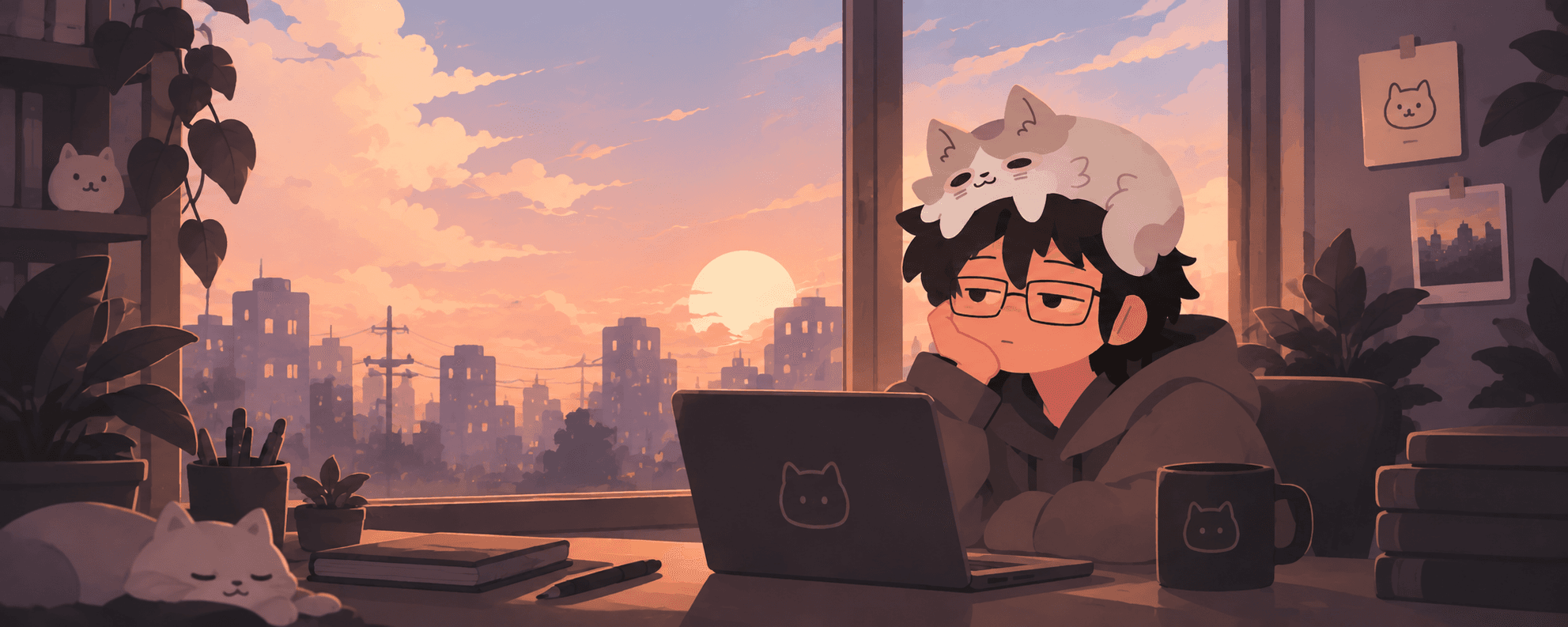 Illustrated desk scene at sunset with Syn and a cat looking out over the city