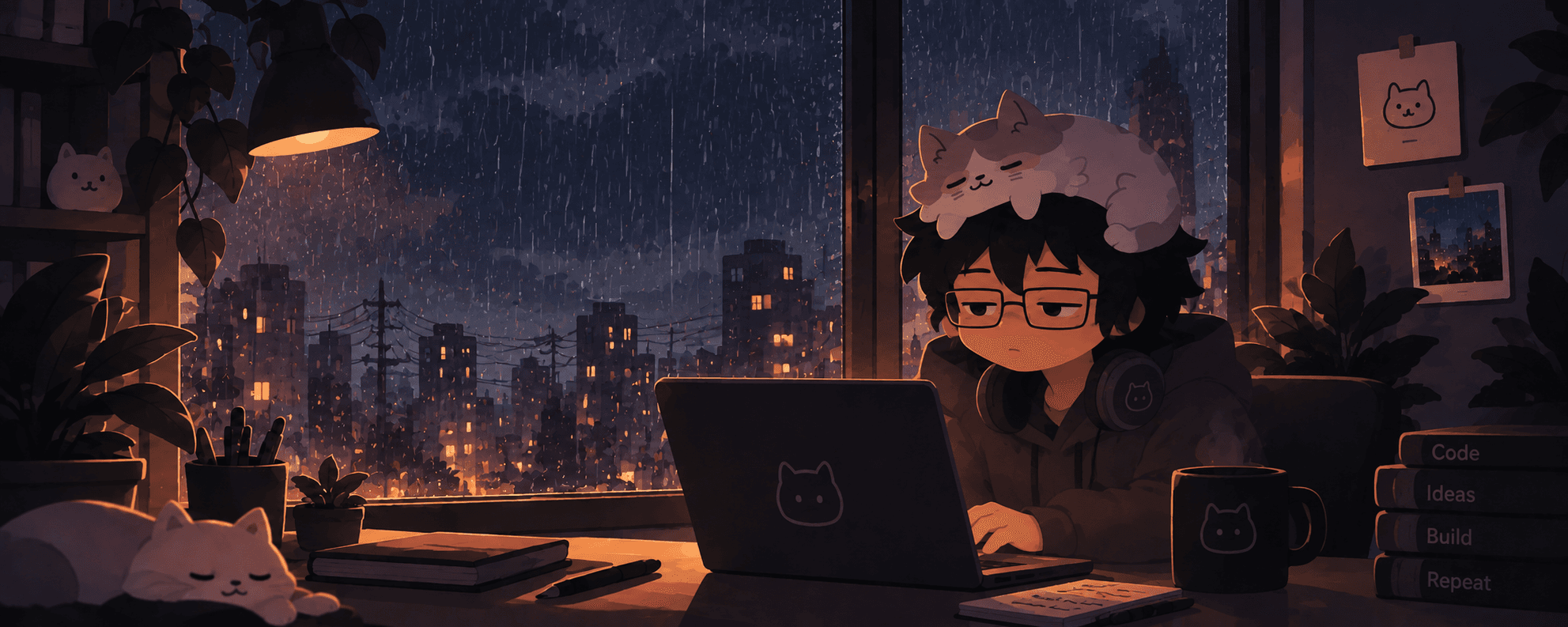 The same desk scene at night in the rain