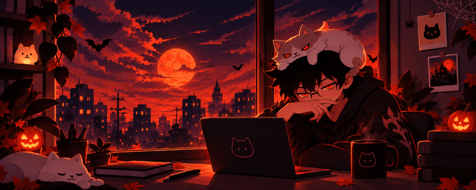 The same desk scene on Halloween, under a blood moon with bats, pumpkins and a cobweb
